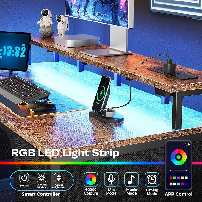 Huuger 63 inch Computer Desk with Power Outlets & 4 Drawers | Gaming Desk with LED Lights, Home Office Desk with Storage Space for Bedroom, Work from Home, Rustic Brown