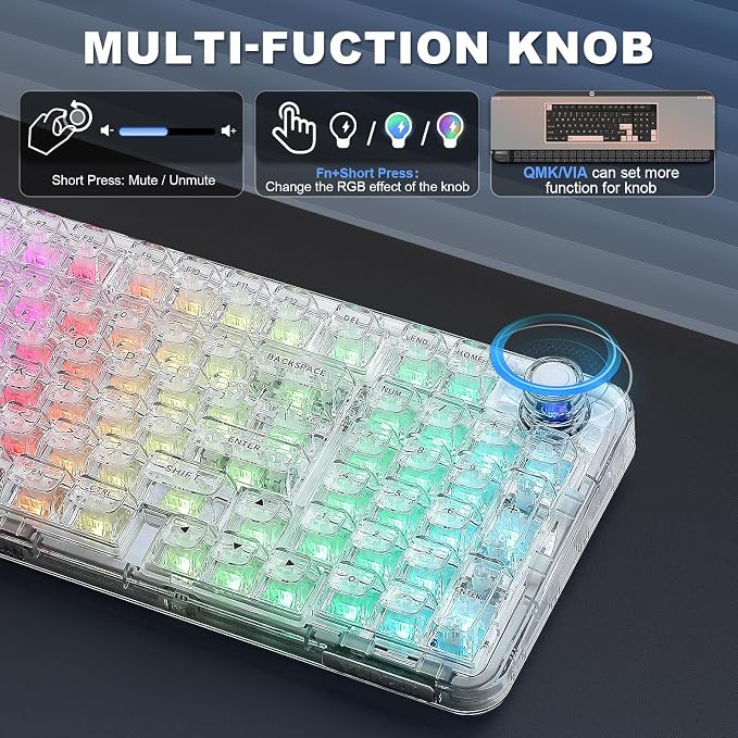 YUNZII X98 Clear Wireless Mechanical Keyboard with Knob (White,Snow Switch) | BT5.0/USB-C/2.4GHz,1800 Layout with Number Pad,Pre-lubed Switches Gasket Mount ,Clear Keyboard with RGB for Wins/Mac/Gaming