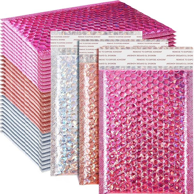 Henoyso 60 Pcs 6 x 9.5 Inch Holographic Bubble Mailers Metallic Bubble Envelopes Usable Size 5.12" x 7.87" Waterproof Self Seal Shipping Bags for Makeup Jewelry Small Business, Silver, Pink, Rose Pink