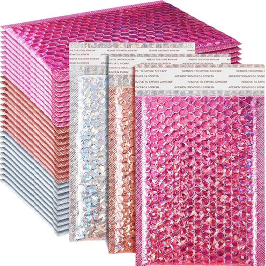 Henoyso 60 Pcs 6 x 9.5 Inch Holographic Bubble Mailers Metallic Bubble Envelopes Usable Size 5.12" x 7.87" Waterproof Self Seal Shipping Bags for Makeup Jewelry Small Business, Silver, Pink, Rose Pink