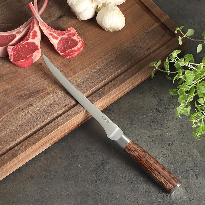 Babish 1.4116 German Stainless Steel Boning & Fillet Knife with Dark Pakka Wood Handle – 6-Inch Full-Tang Flexible Kitchen Knife for Meat, Poultry, Fish & Precision Butchering