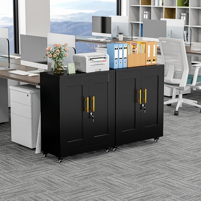 GAIOUS Metal Storage Cabinet with Lock and Wheels, Steel Tool Cabinet | with 2 Door and 2 Adjustable Shelves, 35” Tall Lockable File Cabinet, Garage Cabinet, Rolling Cabinet for Home Office - Black