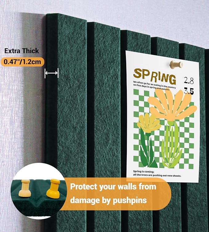 28" x 18" Felt Bulletin Board Tiles 1/2" Thick, Forest Green | 6 Pack Felt Tiles, Large Cork Board Alternative, 30 Adhesive Tabs, Pin Board for Home Office Decor with Easy Install