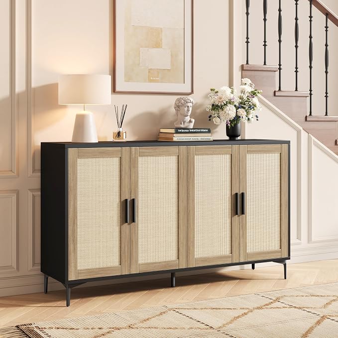 JASIWAY Sideboard Buffet Cabinet with Storage, 48" Rattan Coffee Bar | Credenza Storage Cabinet With Doors and Shelves, Black Rattan Cabinet for Dining Room, Entryway and Living Room, Anti-Tip