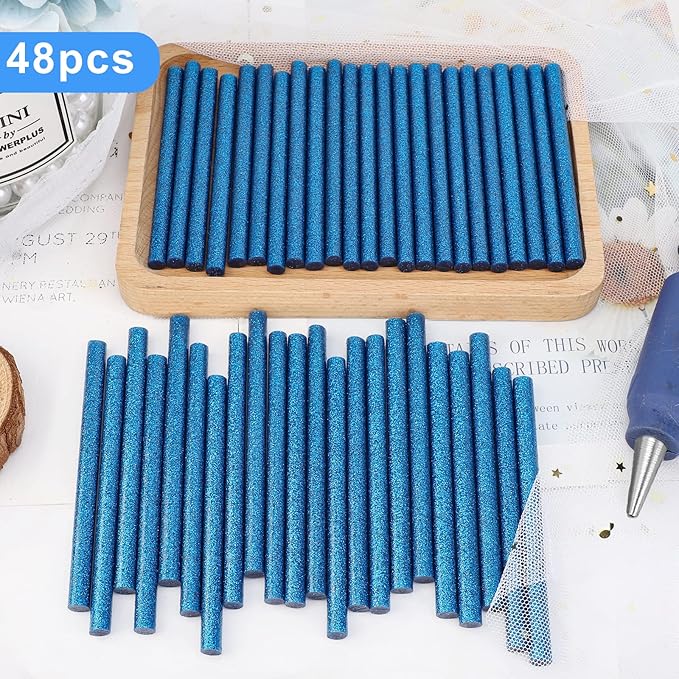 Manarty Glitter Sapphire Blue Hot Glue Stick, 48 PCS 0.27" Dia x 4" Long Mini Hot Melt Glue Sticks Colored, Adhesive EVA Glue Sticks for Sealing Repairing Stamp DIY Art Handmade Car Craft Decoration
