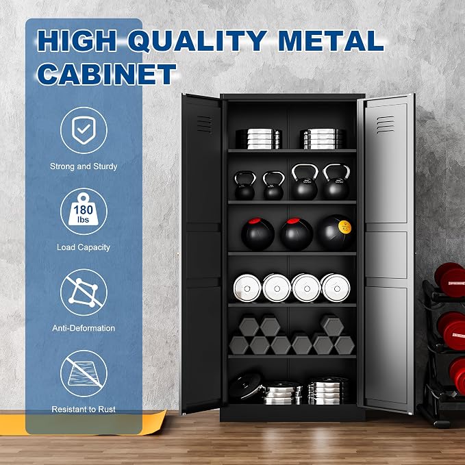 Fesbos Metal Storage Cabinet-71” Tall Steel File Cabinets with Doors and 5 Adjustable Shelves-Black Steel Storage Cabinet for Home,Kitchen, School, Office, Garage