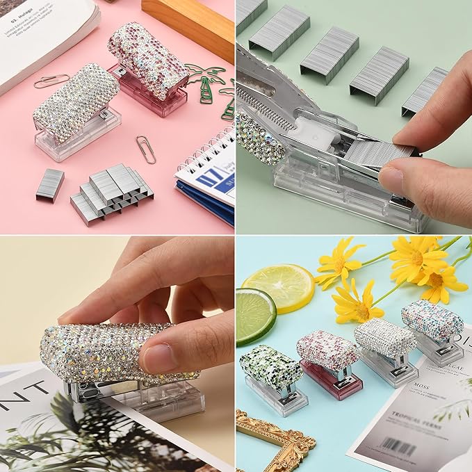 Bling Rhinestone Stapler, Sparkly Diamond Staplers, Cute Desk Stapler for Women & Girls, Bling Crystal Machine Pretty Office Stationery Kit (Clear with AB Color Plated, Small)
