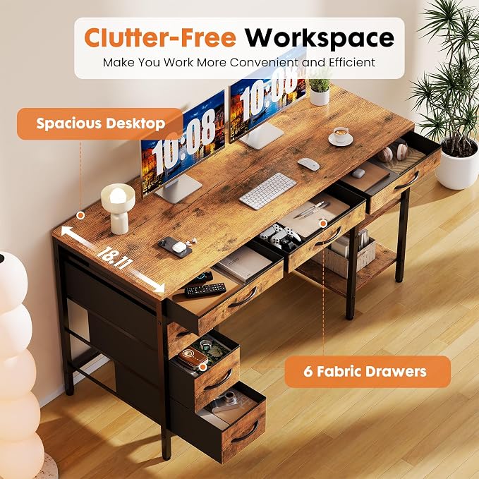 OLIXIS 47 Inch Computer Desk with 6 Fabric Drawers, for Home Office Work | 6 Fabric Drawers & Reversible Gaming Desk, Office Workstation, Corner Desk with Storage, Home Office,Living Room,Dorm, Brown