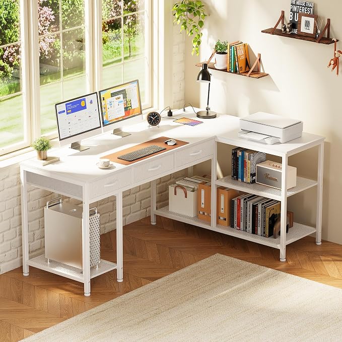 55 Inch L Shaped Office Desk with Power Outlets and Type-C Port, Large Computer Gaming Desk with 3 Fabric Drawers, Mesh Shelves, Corner Study Work Writing Desk, White