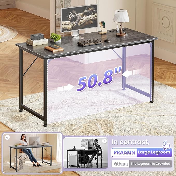 55 X 20 Inch Computer Desk, Power Outlets, USB-C, Grey | Office Desk with 4 AC Outlets, USB & USB-C, Sturdy Metal Frame, Spacious Desktop for Work, Writing, Study & Gaming