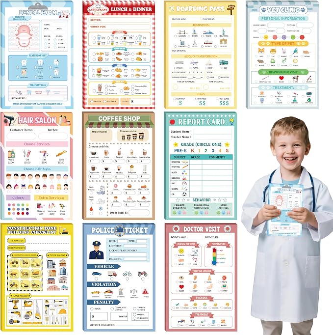 TICIAGA Kids Pretend Play Notepads - 10PCS 4 x 6 Inch Playtime Pad Included Restaurant Police Vet Doctor Visit Coffee Salon Notepad 30 Pages Pretend Notebook Imaginative Role for Toddler Kid Play Game
