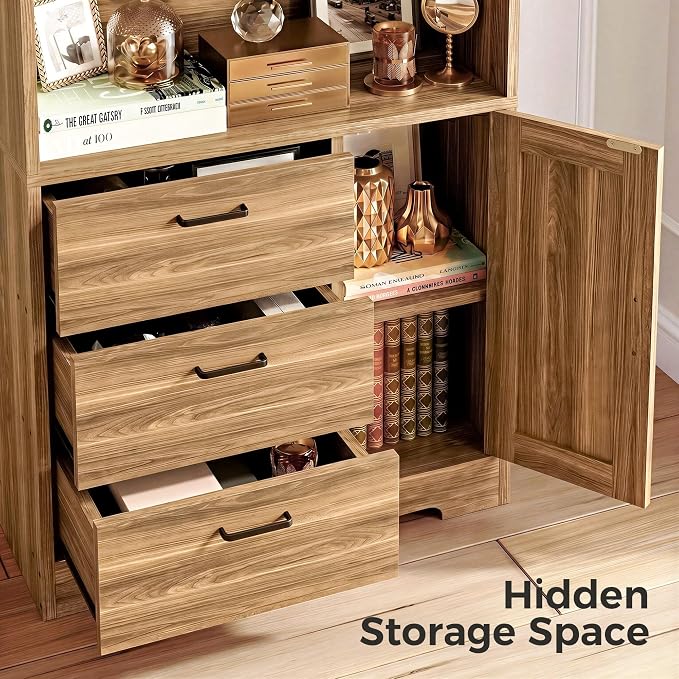 IRONCK 71 in Bookshelf with Doors and Drawers, Industrial Tall Bookcase | Engineered wood with 3-tier shelves, 3 drawers, enclosed storage, anti-tip hardware, 132 lb maximum capacity, for home office