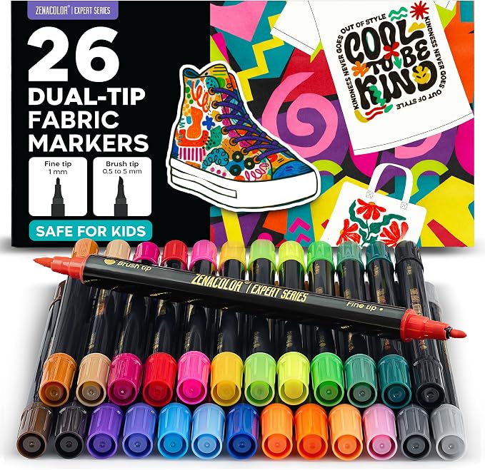 Zenacolor 26 Dual Tip Fabric Paint Marker - Non Toxic Fabric Markers Permanent For Clothes with Fine & Brush Tips - Shoe Paint, Canvas, Totes Bags