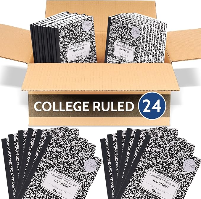 24 Pack - EPI College Ruled Composition Notebook Black - 200 Pages (100 Sheets), 9-3/4 x 7-½ - Classroom Back to School Supplies, Heavy Duty, Durable Hardcover Office Notebooks, Sewn