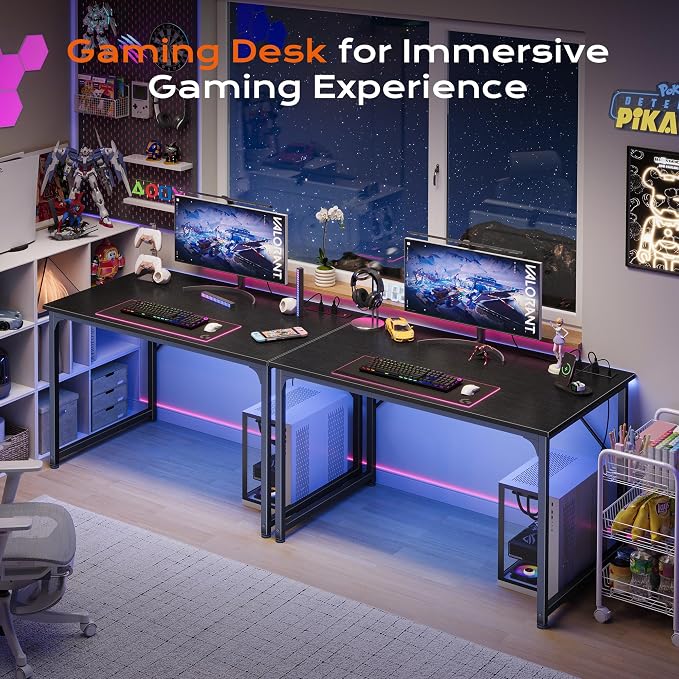 40 X 24 Inch Deeper Desk with Power Outlets | Small Computer Desk for Bedroom, Office Desk for Work from Home, Writing Study Gaming Table, Stable Metal Frame, Black