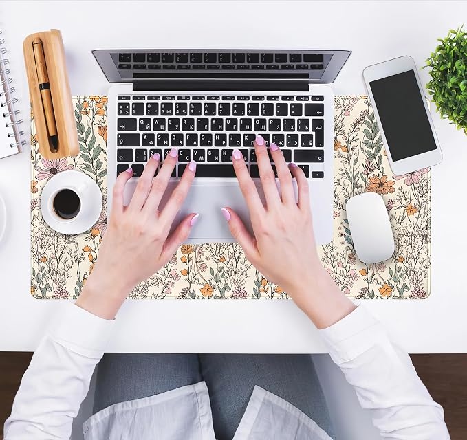 Wild Flowers Gaming Mouse Pad, Floral Cute Keyboard Mouse Mat, Full Desk Protector, Aesthetic Desk Decor 31.5"x15.75"