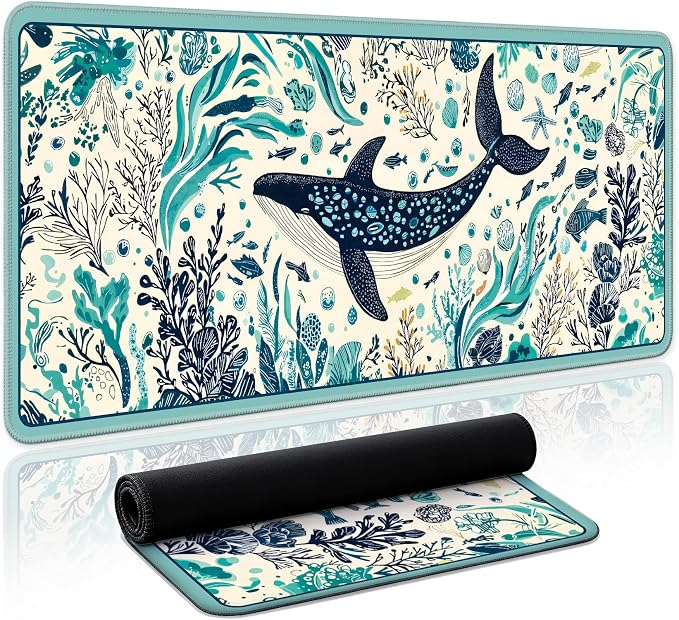 Aesthetic Desk Mat, Cute Drifting Whales Desk Pad Protector for Work & Decor, 35.4" x 15.7", Pretty Non-Slip Extended Mouse Pad for Office or Home