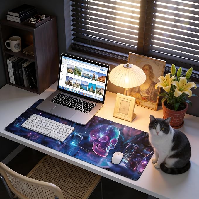 Aesthetic Skull Gaming Mouse Pad, Deep Blue Cyber Desk Mat with Anti-Slip Base & Stitched Edges,35.4" x 15.7" in Table Mat for Computer Desktop, Beautiful Workstation Decor