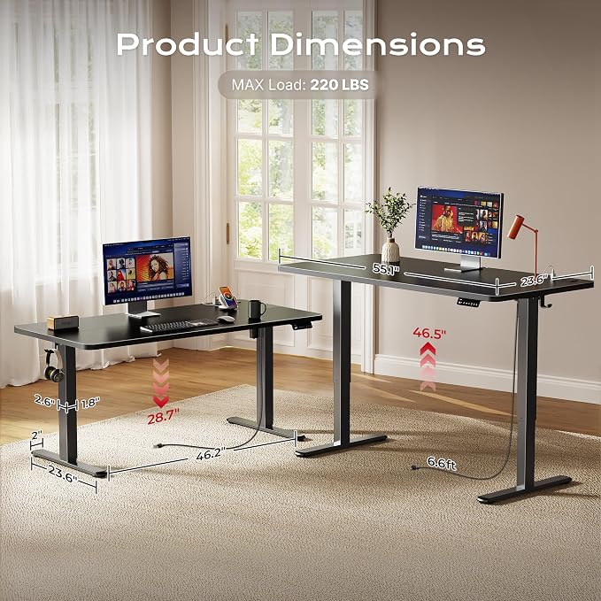 Huuger Electric Standing Desk with Power Outlets and USB-C Port, 55 X 24 Inch Height Adjustable Desk, Sit Stand Desk for Home Office, Computer & Gaming Desk with 4 Presets, Stable Steel Frame, Black
