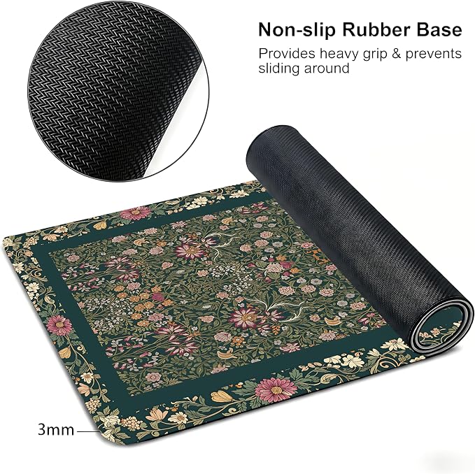 Cute Floral Aesthetic Daisy Gaming Mouse Pad, Dark Green Rug Desk Mat with Anti-Slip Base & Stitched Edges,35.4" x 15.7" in Table Mat for Computer Desktop, Beautiful Workstation Decor