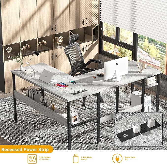 Unikito L Shaped Computer Desk with Magic Power Outlets and USB Charging Ports, Sturdy Reversible Corner Desk with Storage Shelves, Modern Work Desk for Home Office, Easy to Assemble, White Oak