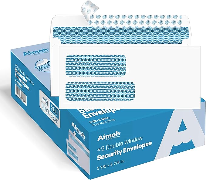Aimoh #9 Double Window SELF Seal Security Envelopes - for Invoices, Statements & Documents, Security Tinted - Size 3-7/8 x 8-7/8, 24 LB - (30139-CS)