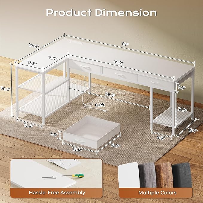 63 Inch L Shaped Office Desk with Power Outlets and Type-C Port, Large Computer Gaming Desk with 3 Fabric Drawers, Mesh Shelves, Corner Study Work Writing Desk, White