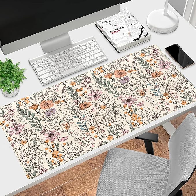 Wild Flowers Gaming Mouse Pad, Floral Cute Keyboard Mouse Mat, Full Desk Protector, Aesthetic Desk Decor 31.5"x15.75"