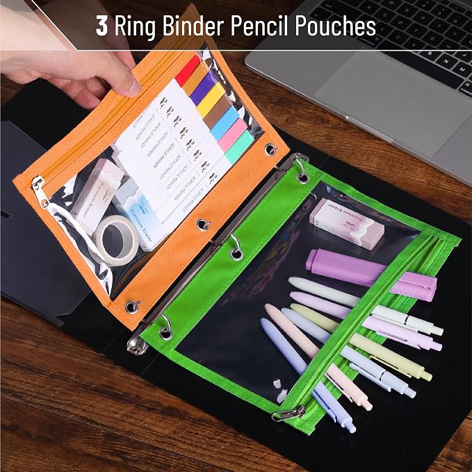 Mr. Pen- Pencil Pouch for 3 Ring Binder, 5 Pack, 10"x7", Smooth Zipper | Clear Window, Large Capacity Pencil Case with 3 Reinforced Grommets for School, Office, Supplies Storage | Clear Window, Large Capacity Pencil Case with 3 Reinforced Grommets for ...