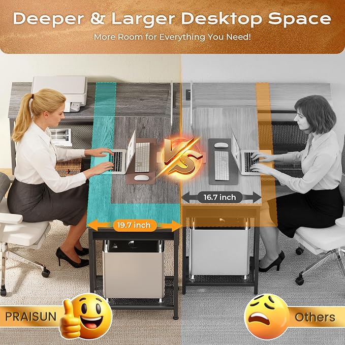 55 Inch L Shaped Office Desk with Power Outlets and Type-C Port, Large Computer Gaming Desk with 3 Fabric Drawers, Mesh Shelves, Corner Study Work Writing Desk, Grey