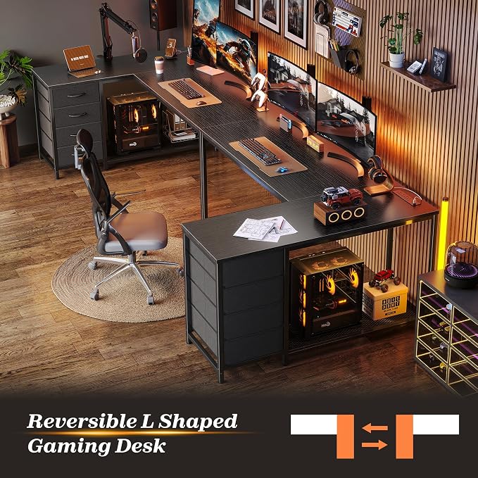 53" L Shaped Desk with Power Outlets & 4 Drawers | Reversible Computer Desk with 2 Storage Shelves, Large Corner Office Desk for Gaming Writing Work Study, Black