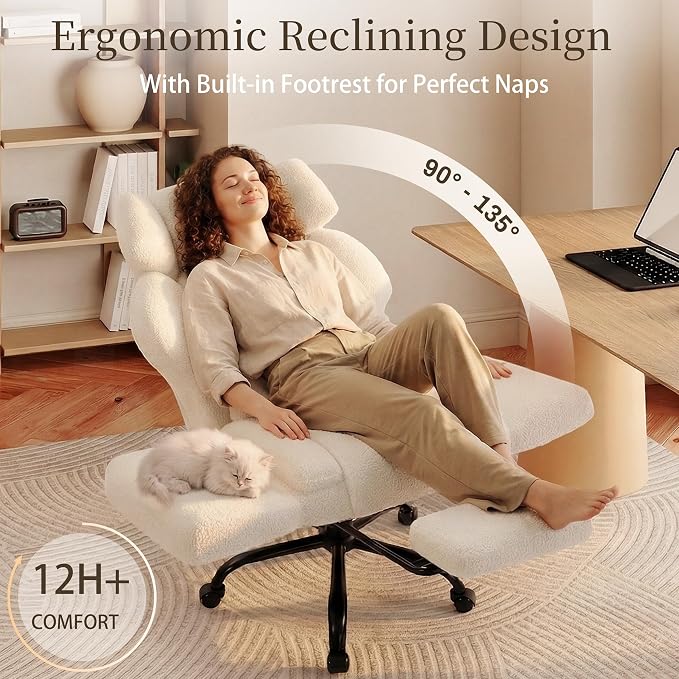 Office Chair with Flip Armrests,Big and Tall Office Chair with Foot Rest,Extra Wide Seat & Lumbar Pillow,Ergonomic Computer Gaming Chair,Comfy Criss Cross Chair for Pets Sitting,Teddy Fleece,White