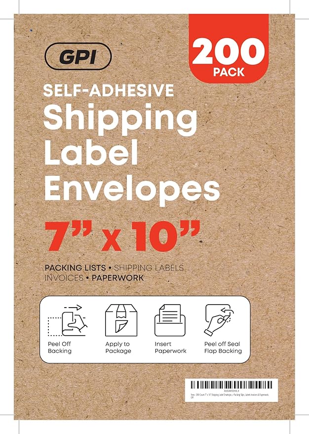 1000 Count 7" x 10" Shipping Label Envelopes, Clear Packing List Pouches with Self-Adhesive Back, Top Loading for Shipping Labels Sleeves, for Packing Slips, Labels Invoices & Paperwork. GPI