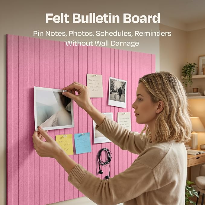 X-Large Cork Board Alternative 12-Pack Felt Bulletin Board Thick and Decorative Pin Board for Home Office Walls 47.24 x 35.43 Inches with 72 Adhesive Tabs - [Chic Pink]