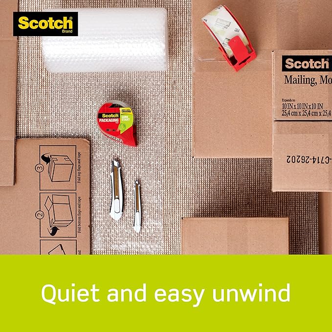 Scotch Sure Start Shipping Packaging Tape, 1.88" x 54.6 yd, Designed for Packing, Shipping and Mailing, Quiet Unwind, No Splitting or Tearing, 3" Core, Clear, 1 Roll (345)