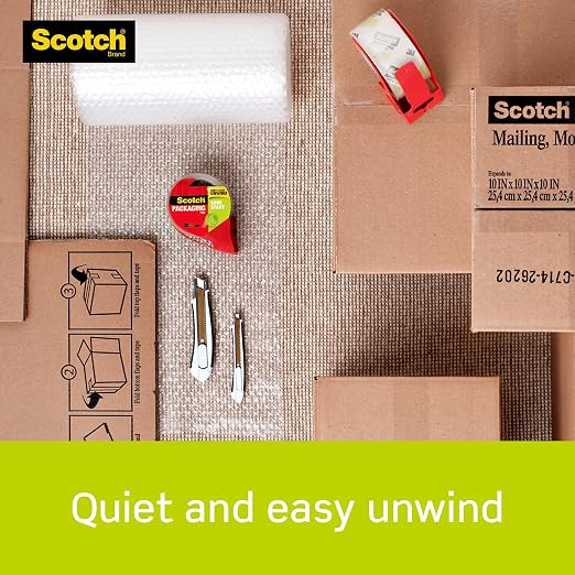 Scotch Sure Start Shipping Packaging Tape, 1.88" x 54.6 yd, Designed for Packing, Shipping and Mailing, Quiet Unwind, No Splitting or Tearing, 3" Core, Clear (345),1 Roll (Pack of 12)