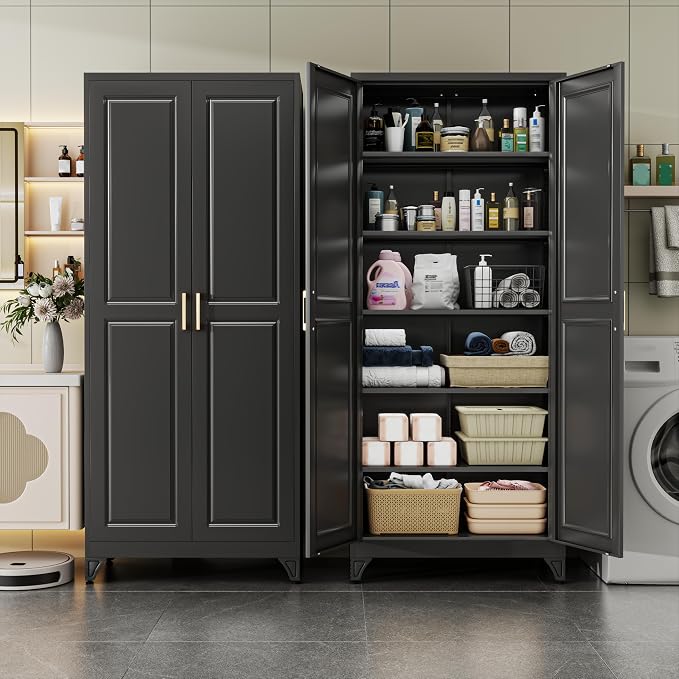 75" Metal Kitchen Pantry Cabinet, Storage Cabinets with 2 Doors | Kitchen Cabinet with 5 Adjustable Shelves, Tall Food Pantry Storage Cabinet, Cupboard for Kitchen, Dining Room, Living Room