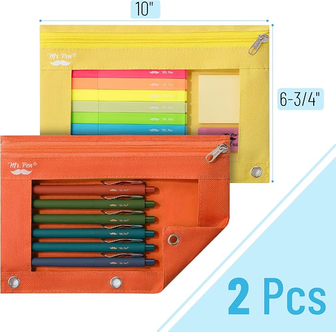Mr. Pen- Pencil Pouch for 3 Ring Binder, 2 Pack, 10"x6.75", Smooth Zipper | Clear Window, Large Capacity Pencil Case with 3 Reinforced Grommets for School, Office, Supplies Storage | Clear Window, Large Capacity Pencil Case with 3 Reinforced Grommets f...