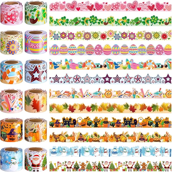 Geyee 12 Rolls 394 ft Holiday Bulletin Board Borders Seasonal Bulletin Board Decorations Easter Summer Trim for School Classroom Wall Decor
