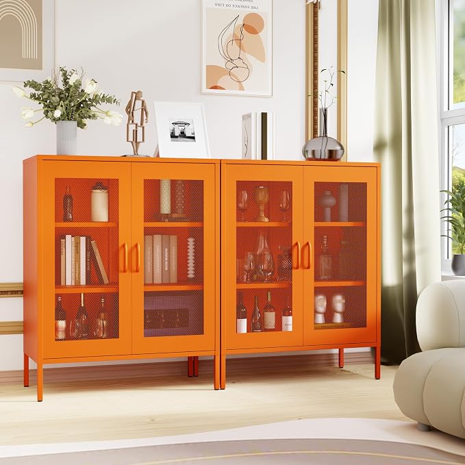 Chshin Metal Locker Storage Cabinet with 2 Mesh Doors and Adjustable Shelves,Orange Metal Locker Cabinets,Coffee Bar Cabinet,Kitchen Pantry Storage Cabinets for Home,Sideboard,Office(40" H)