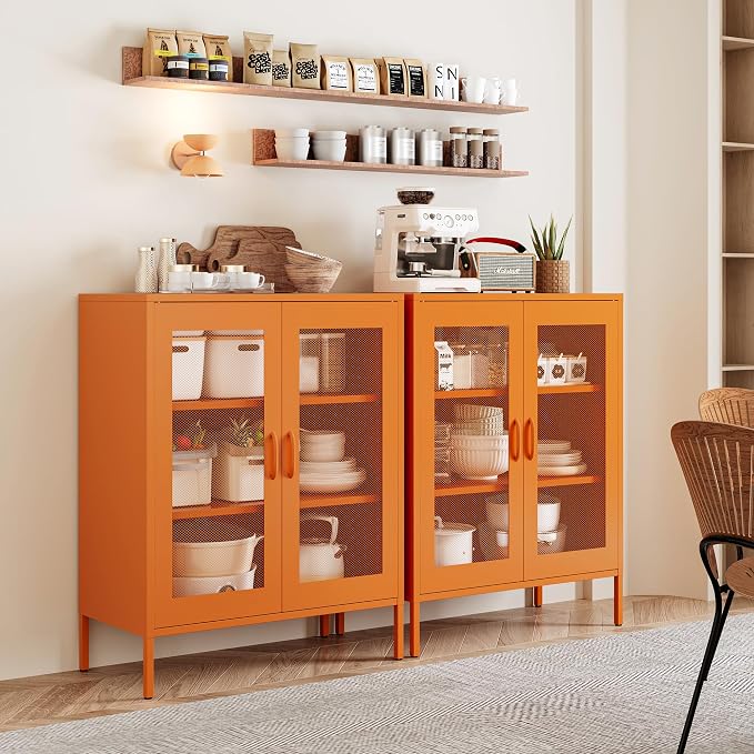 Chshin Metal Locker Storage Cabinet with 2 Mesh Doors and Adjustable Shelves,Orange Metal Locker Cabinets,Coffee Bar Cabinet,Kitchen Pantry Storage Cabinets for Home,Sideboard,Office(40" H)