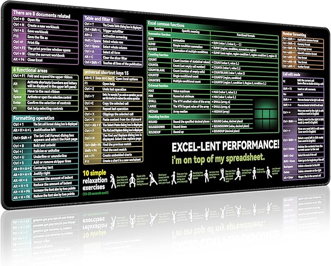 Excel Cheat Sheet Desk pad|excel Mouse pad|Contains Excel Shortcut Keys,Lager Mouse pad for Desk| XL（31.5 * 11.8in） Size|Desk mat for Keyboard and Mouse|Mouse Pads|Waterproof、Anti-Slip、Smooth