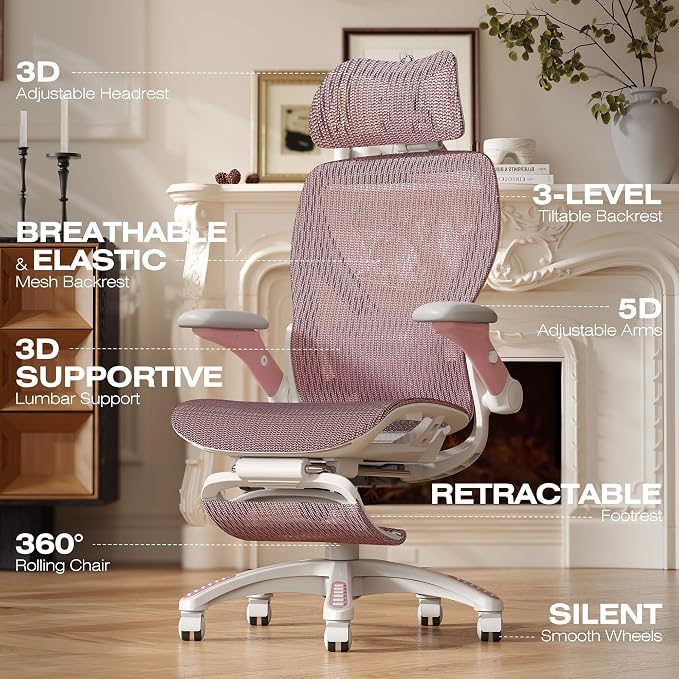X100 Ergonomic Mesh Office Chair with Footrest, Big and Tall Home Desk Chair with 5D Flip-Up Arms, Adjustable 3D Lumbar Support, Gaming & Executive Computer Chair (Peach Blossom)