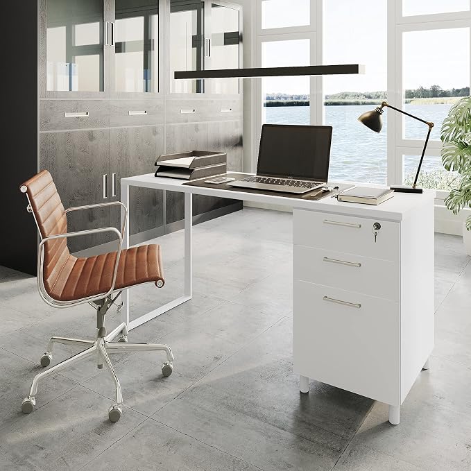Modern Designs Milano Office Desk with 3 Locking Drawers, 48 Inch White Industrial Wood Desk with Filing Drawer and Storage, by Crafts and Comfort