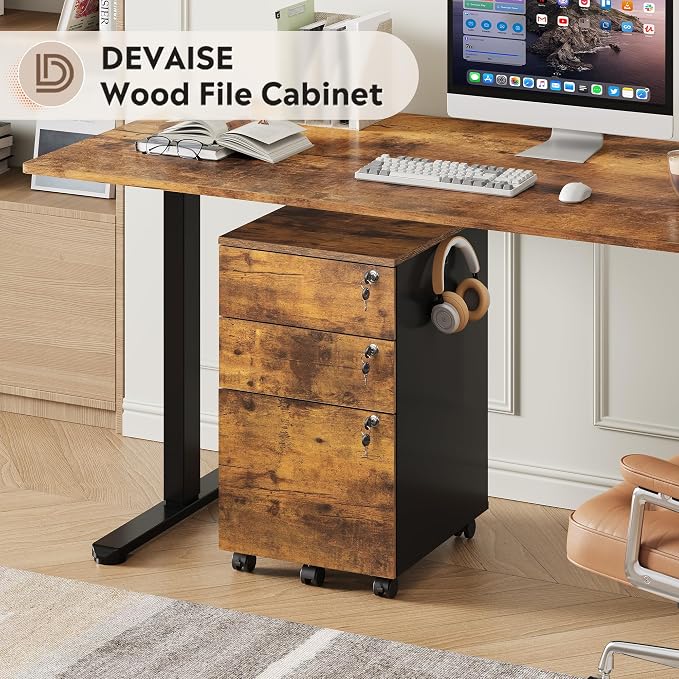DEVAISE 3 Drawer File Cabinet with Individual Locks, Rustic Brown | Wood Filing Cabinet for Home Office, Mobile Printer Stand with Wheels, Under Desk Storage for Letter/A4/Legal Size