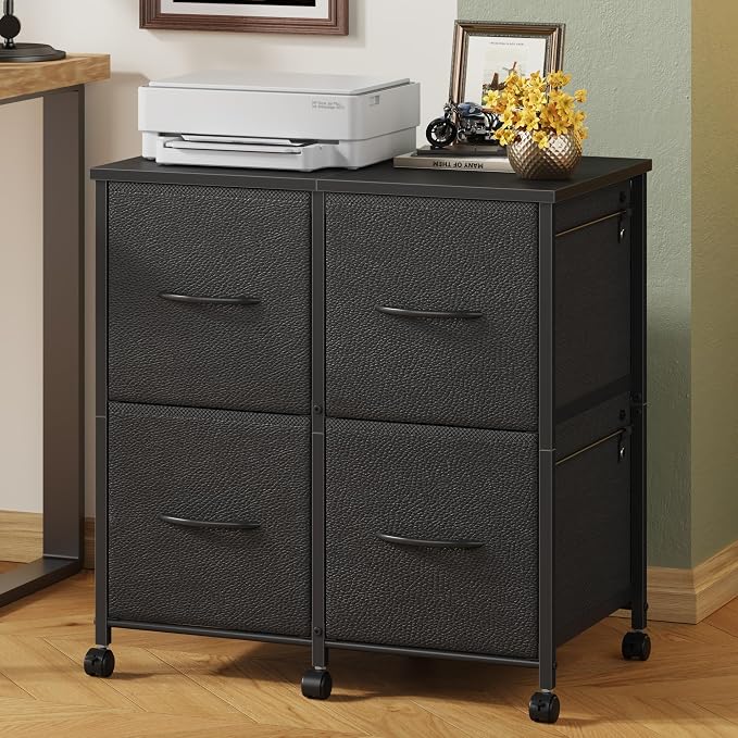 4 Drawer Mobile Lateral File Cabinet 23''W for Large Printer | Sturdy Metal Frame & Wood Top, Holds 50 Lbs, Casters, Fits Letter/A4 Size (No Legal), Fabric Drawer, Black