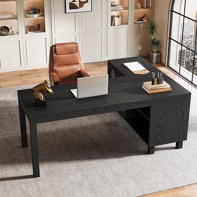 Tribesigns L-Shaped Desk with File Cabinet, 59-Inch Executive Office Desk with Storage Shelves, Wooden Study Writing Desk Farmhouse Corner Computer Desk for Home Office, Black