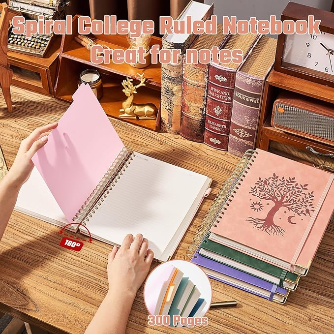 Hardcover Spiral Notebook 8" x 10" with 5 Removable Dividers 300 Pages Leather 5 Subject Notebook College Ruled 100GSM Large Spiral Notebooks for Work Thick Lined Journal for Women, Pink