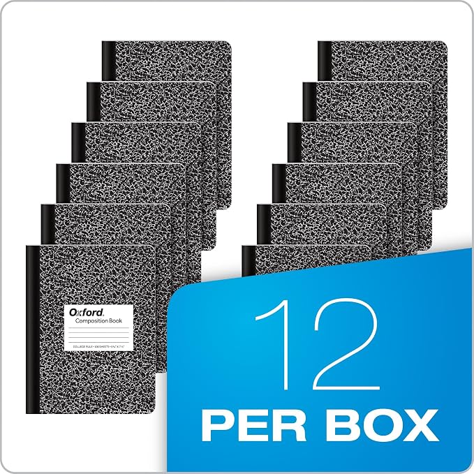 Oxford Composition Notebooks, School Supplies, Notebooks for School, College Ruled Paper, 9-3/4 x 7-1/2 Inches, School Comp Book, Black Marble Covers, 100 Lined Sheets, 12 per Pack (63796)