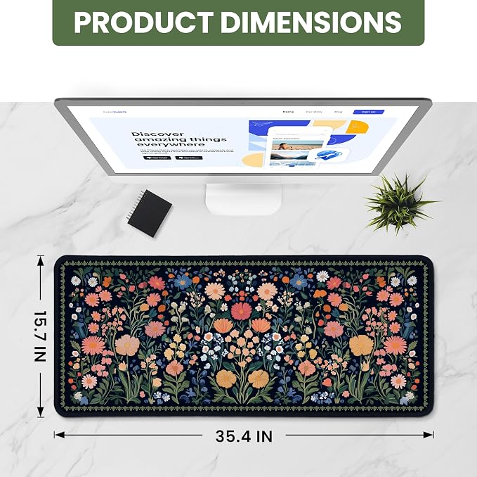 Aesthetic Desk Mat, Cute Whimsy Garden Desk Pad Protector for Work & Decor, 35.4" x 15.7", Pretty Non-Slip Extended Mouse Pad for Office or Home